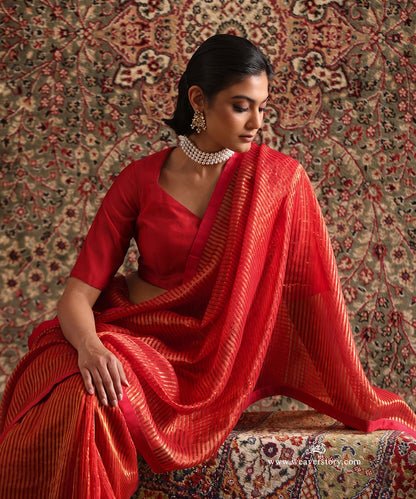 Solstice Red Striped Tissue Saree With Chanderi Finishing