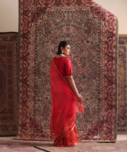 Solstice Red Striped Tissue Saree With Chanderi Finishing