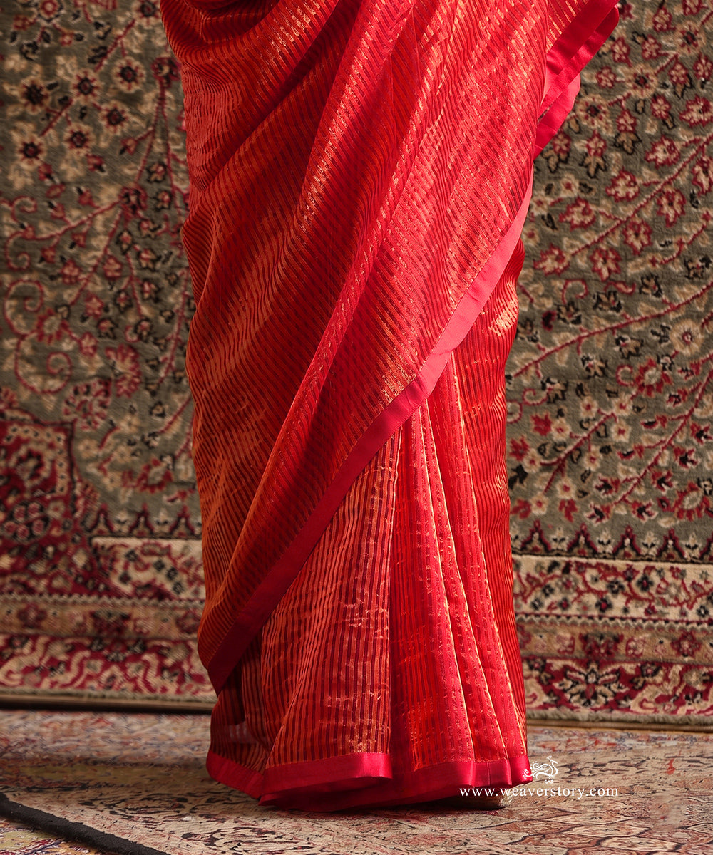 Solstice Red Striped Tissue Saree With Chanderi Finishing