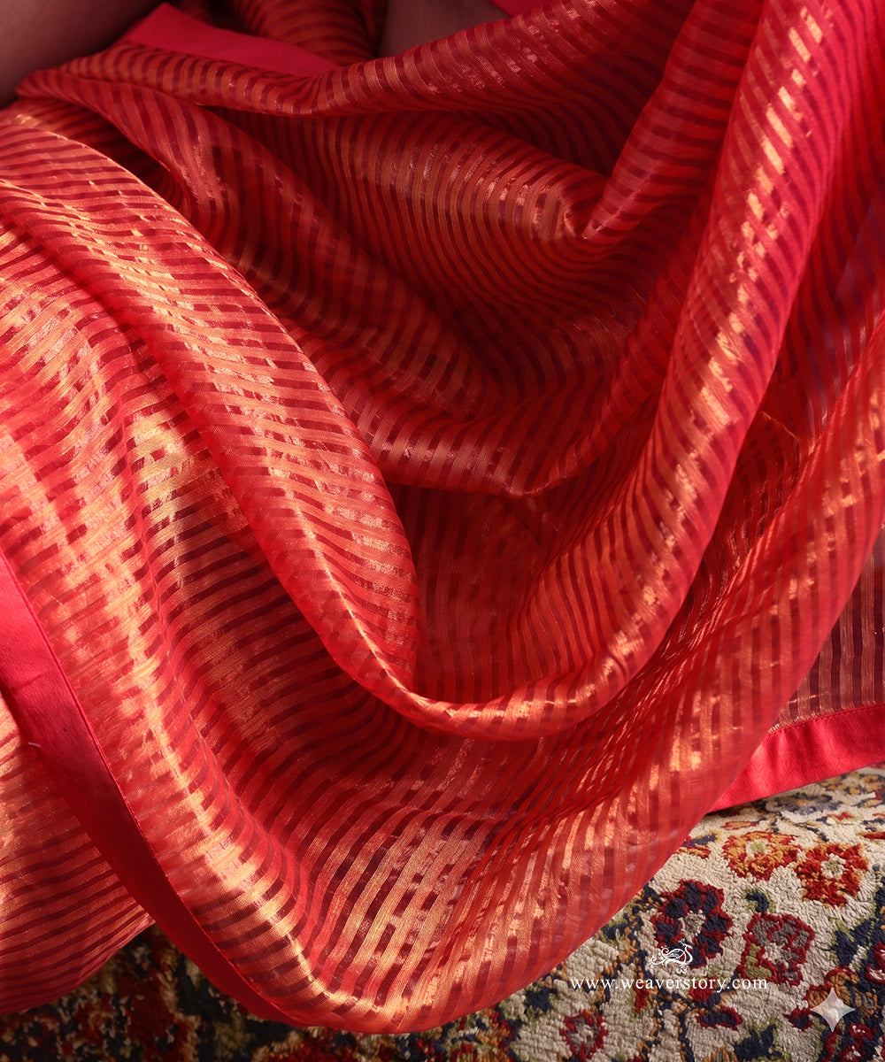 Solstice Red Striped Tissue Saree With Chanderi Finishing