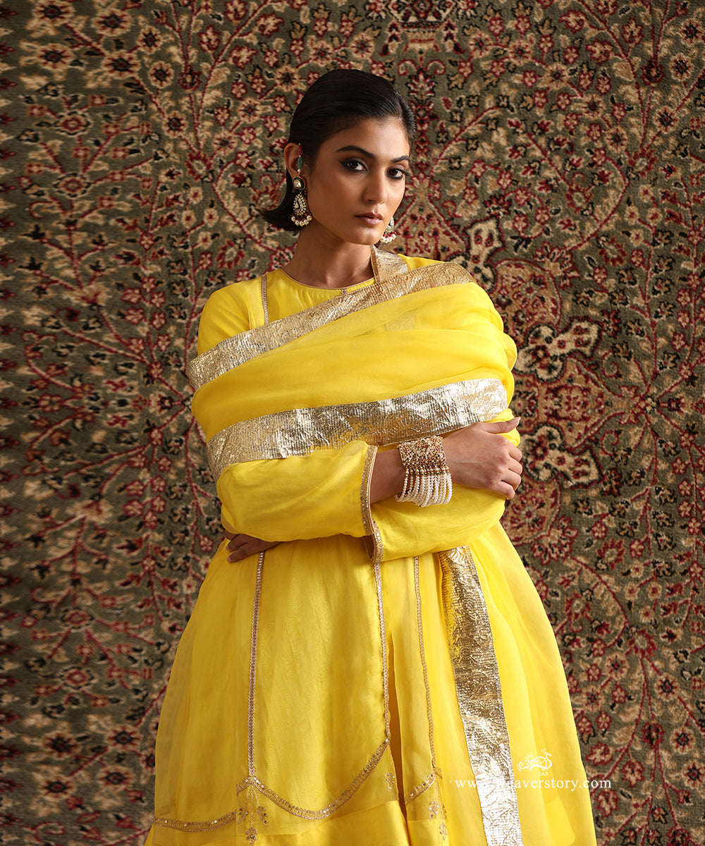 Close-Up of Yellow Pure Silk Organza Lehenga Set with Handcrafted Lampi Gota Border Dupatta