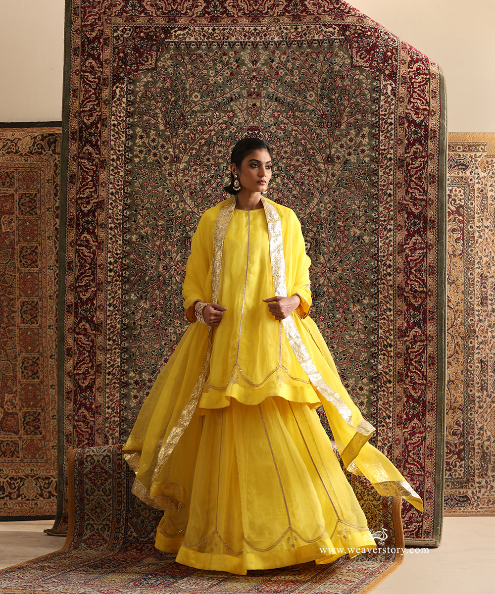 Yellow Pure Silk Organza Lehenga Set with Handcrafted Lampi Gota Border Dupatta