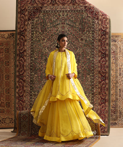 Yellow Pure Silk Organza Lehenga Set with Handcrafted Lampi Gota Border Dupatta