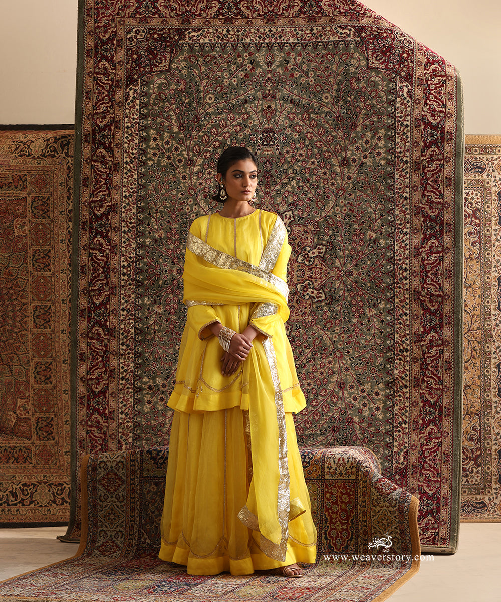 Detail of Yellow Pure Silk Organza Kurta and Lehenga with Hand Embroidered Scalloped Borders and Gota Lace Panels