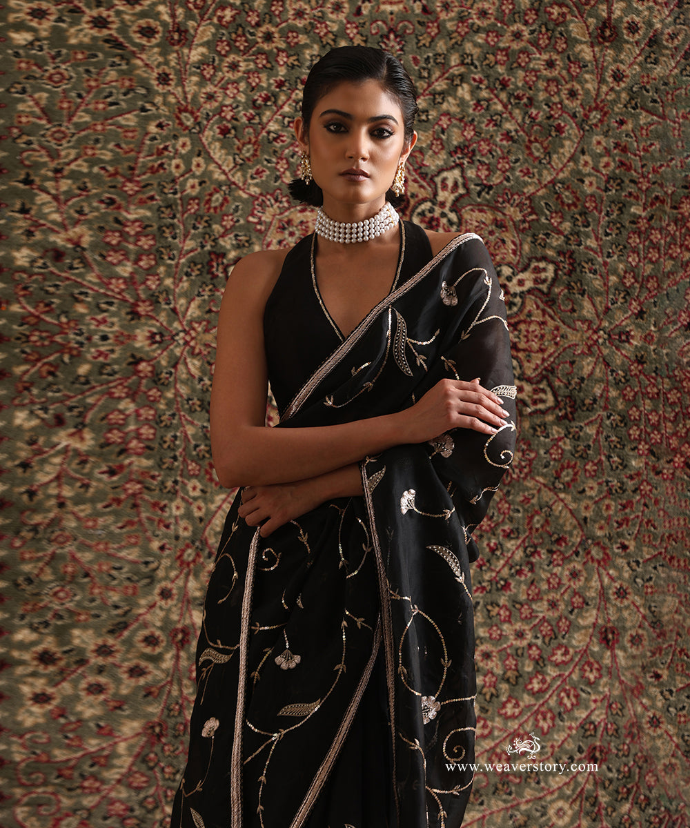 Antara Black Pure Organza Silk Saree with Hand Embroidered Vine Jaal by WeaverStory