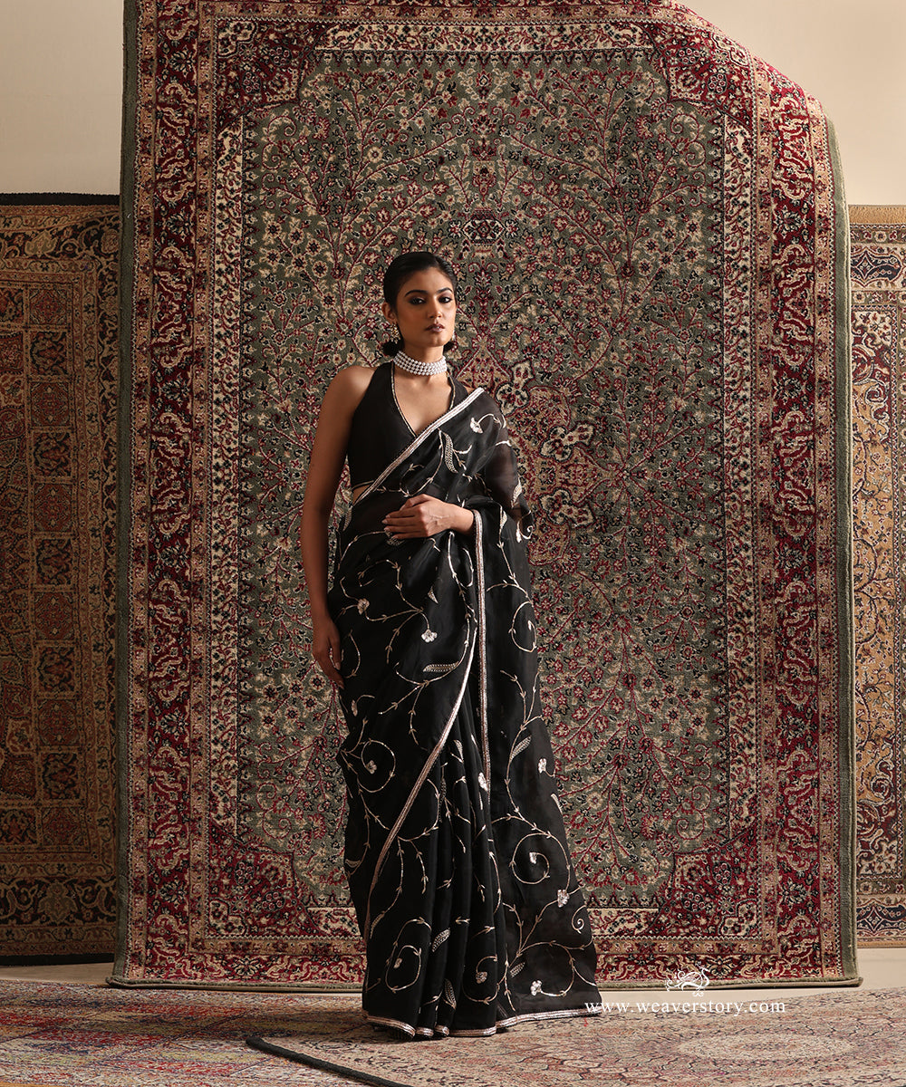 Antara Black Pure Organza Silk Saree with Hand Embroidered Vine Jaal by WeaverStory