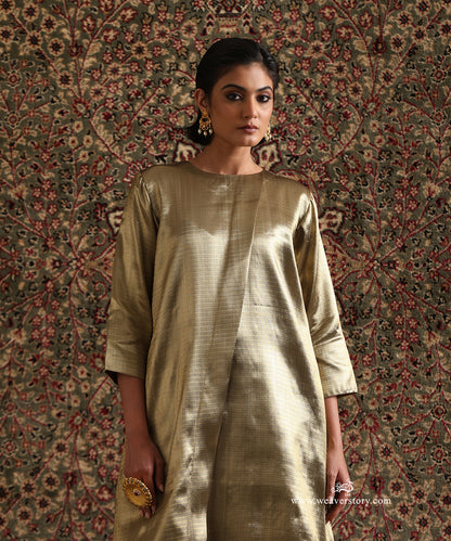 Gold Herringbone Tissue Silk Brocade Long Dress front detail