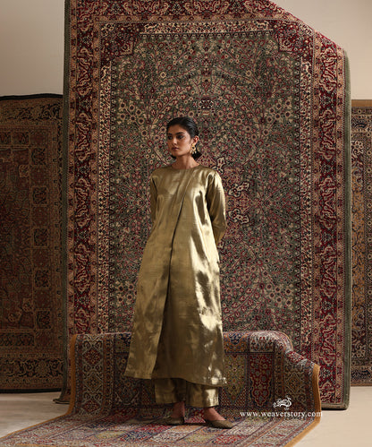 Gold Tissue Silk Brocade Long Dress With Pants for festive dressing
