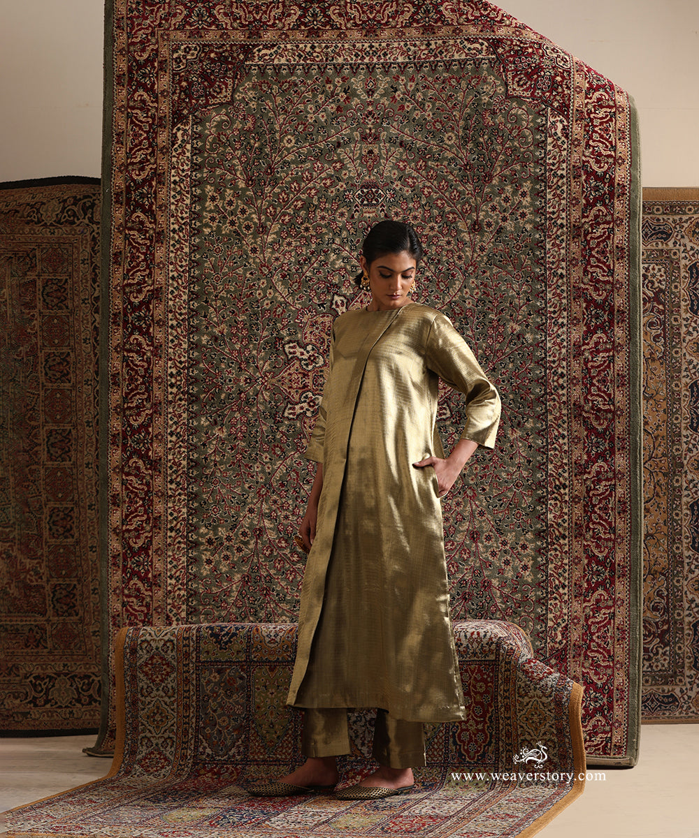 Gold Herringbone Brocade Long Dress With Pants side view