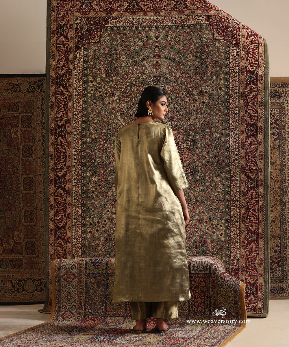 Gold Herringbone Tissue Silk Brocade Long Dress back view