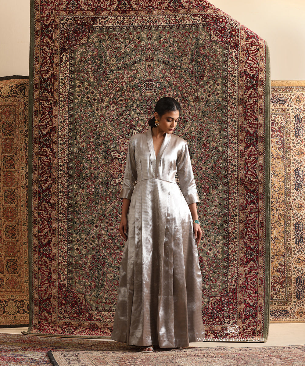 Silver Chevron Brocade Pleated Full-Length Dress by WeaverStory