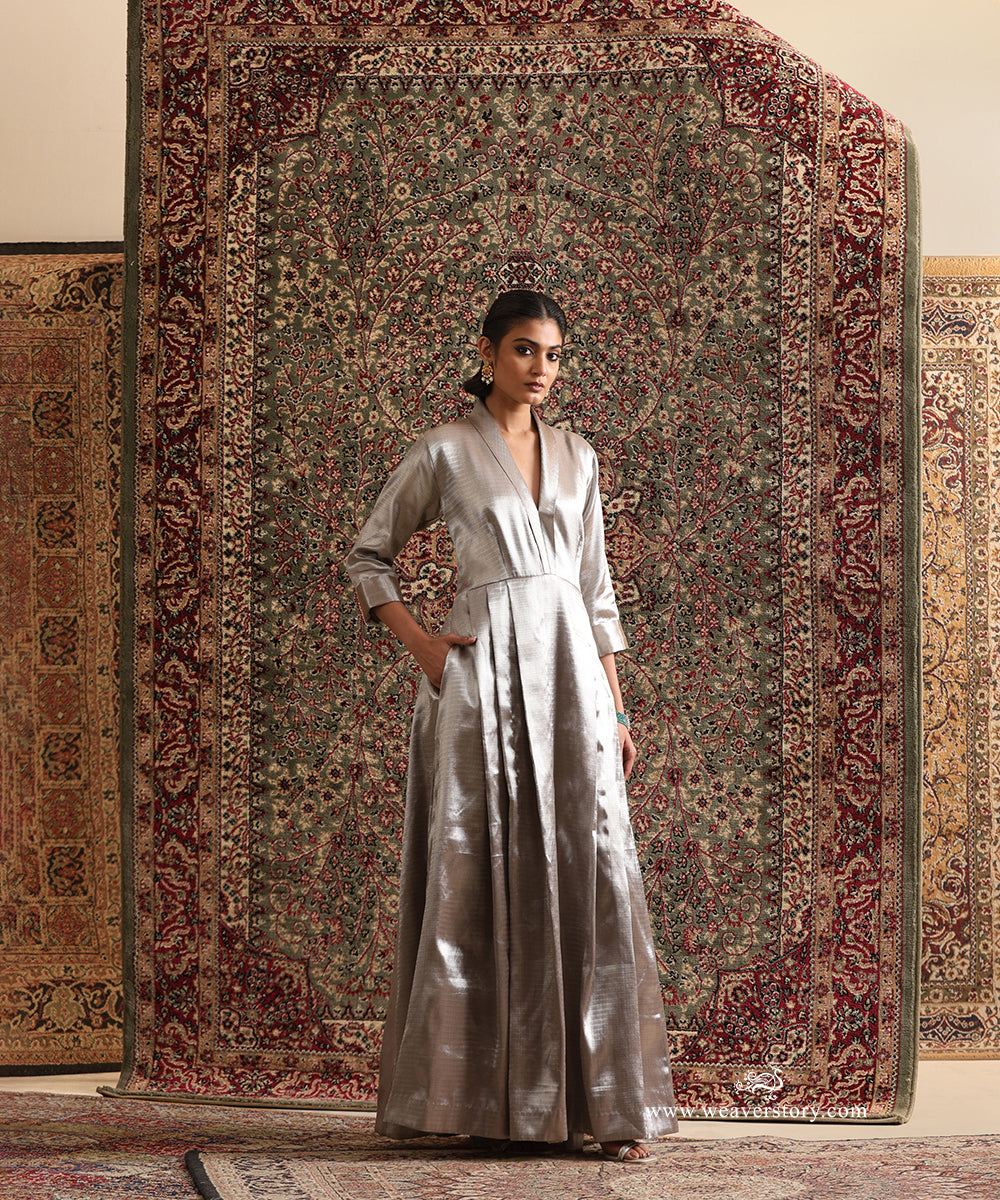 Silver chevron brocade festive dress with deep V neckline