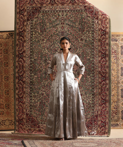 Silver brocade full-length pleated dress with pockets