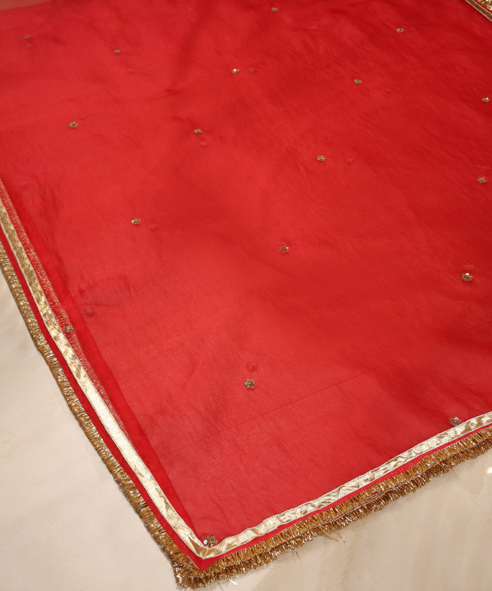 Red Silk Organza Dupatta with Zardozi Booti, Lampi Gota and Kiran Border