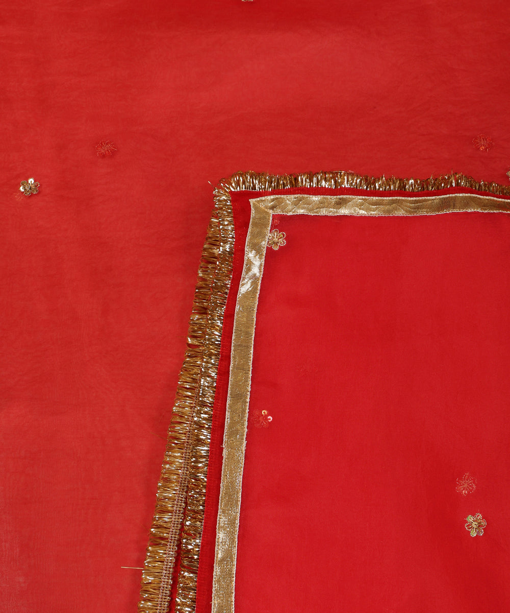 Red Silk Organza Dupatta with Zardozi Booti, Lampi Gota and Kiran Border