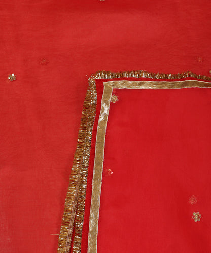 Red Silk Organza Dupatta with Zardozi Booti, Lampi Gota and Kiran Border