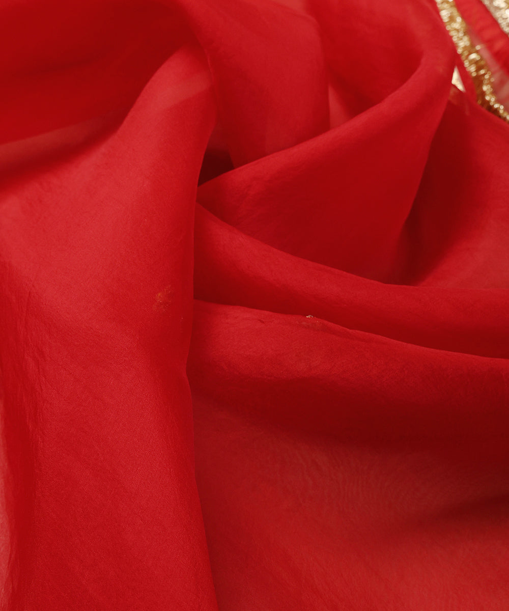 Red Silk Organza Dupatta with Zardozi Booti, Lampi Gota and Kiran Border