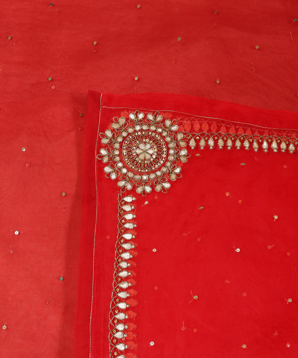 Red Silk Organza Dupatta with Gota Patti Border and Zardozi Corner Motifs