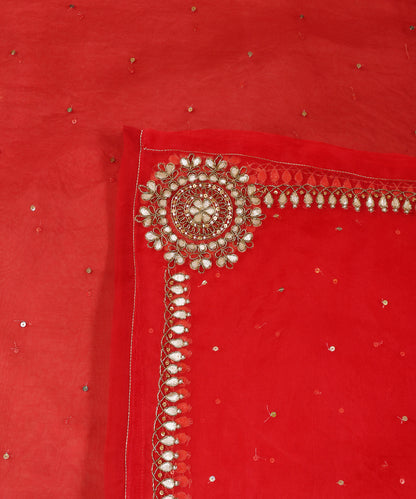Red Silk Organza Dupatta with Gota Patti Border and Zardozi Corner Motifs
