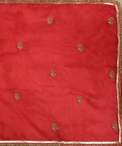 Full view of red organza dupatta featuring evenly placed zardozi farisha motifs and a gota border with kiran finishing.
