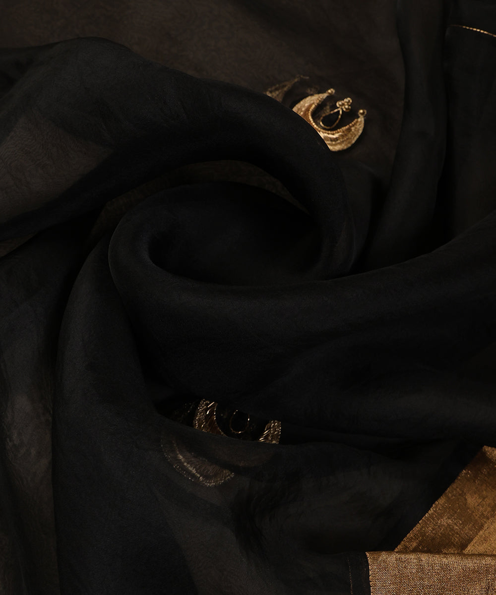 Black Silk Organza Dupatta with Zardozi Chand Booti and Gold Tissue Palla