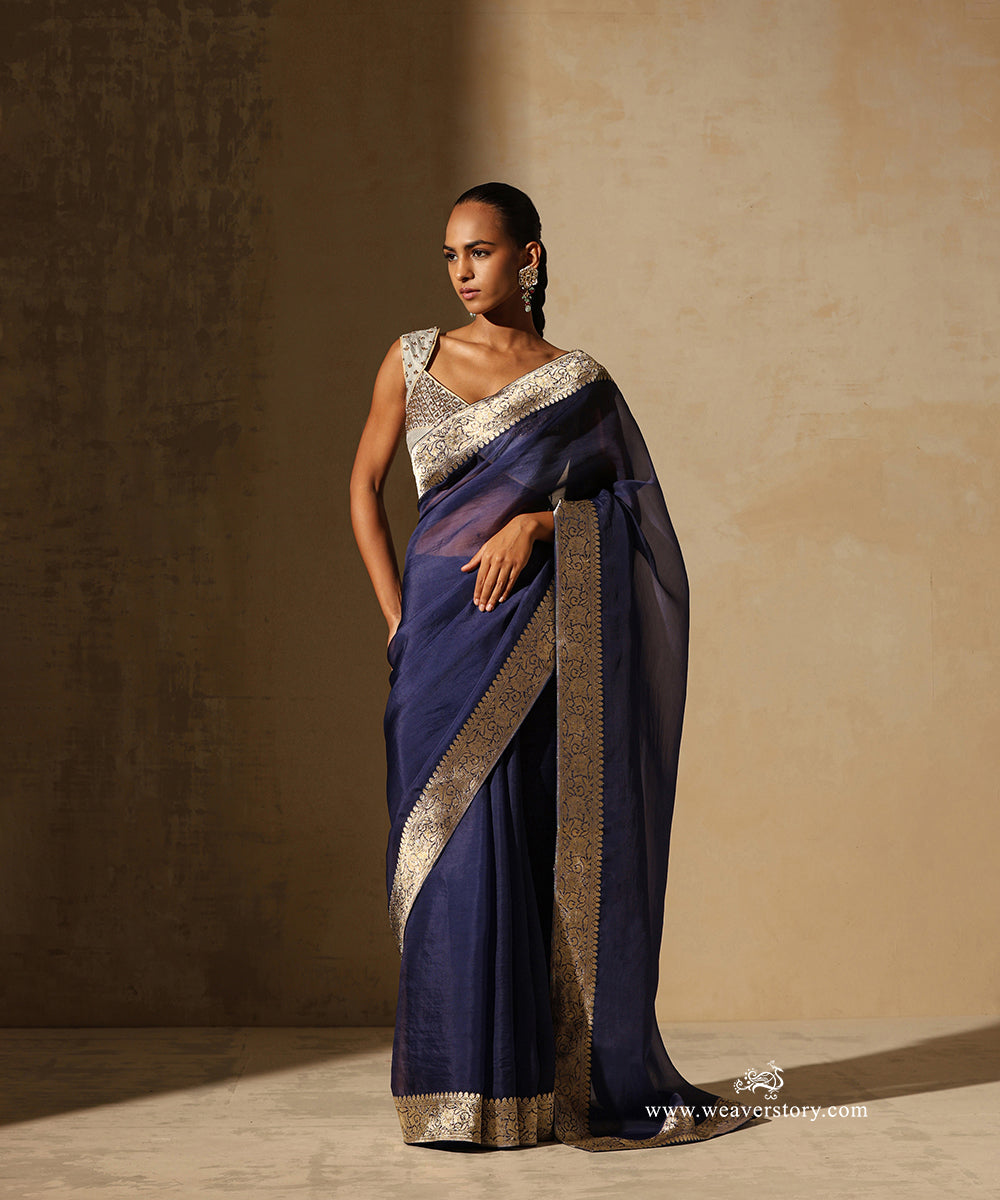 Navy_Blue_Handloom_Organza_Saree_With_Banarasi_Border_WeaverStory_01