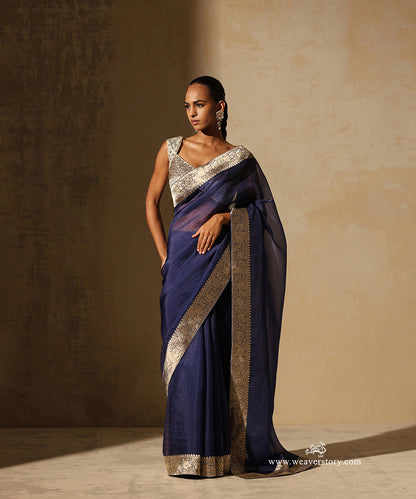 Navy_Blue_Handloom_Organza_Saree_With_Banarasi_Border_WeaverStory_01