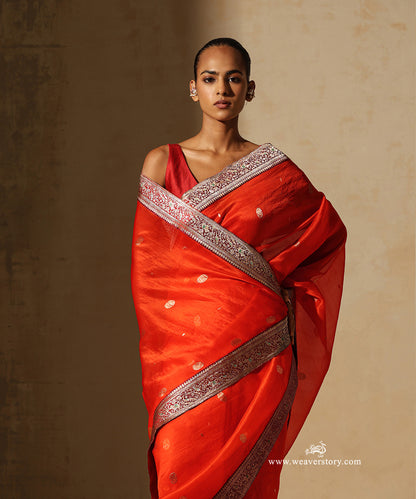 Orange_Handloom_Banarasi_Booti_Organza_Saree_With_Maroon_Antique_Parrot_Motif_Border_WeaverStory_02