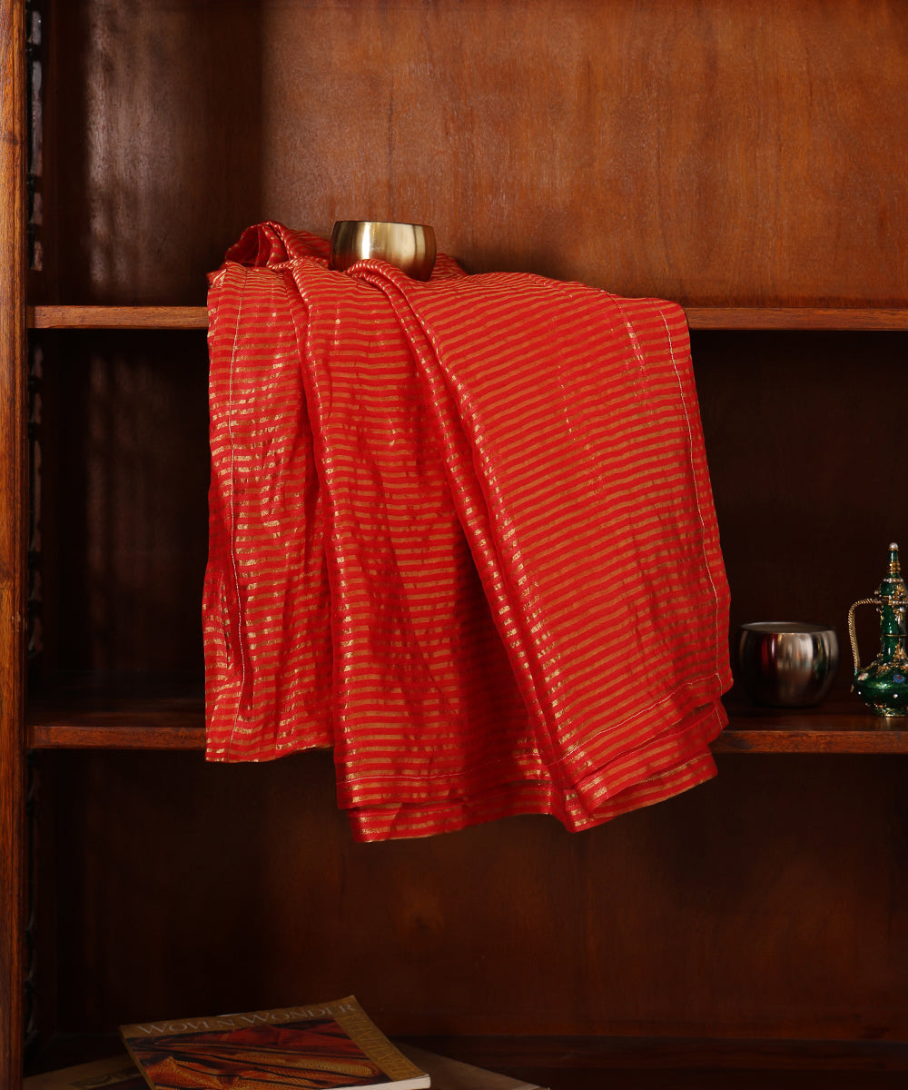 Red striped Tissue Chanderi dupatta with closely placed horizontal gold zari tagai