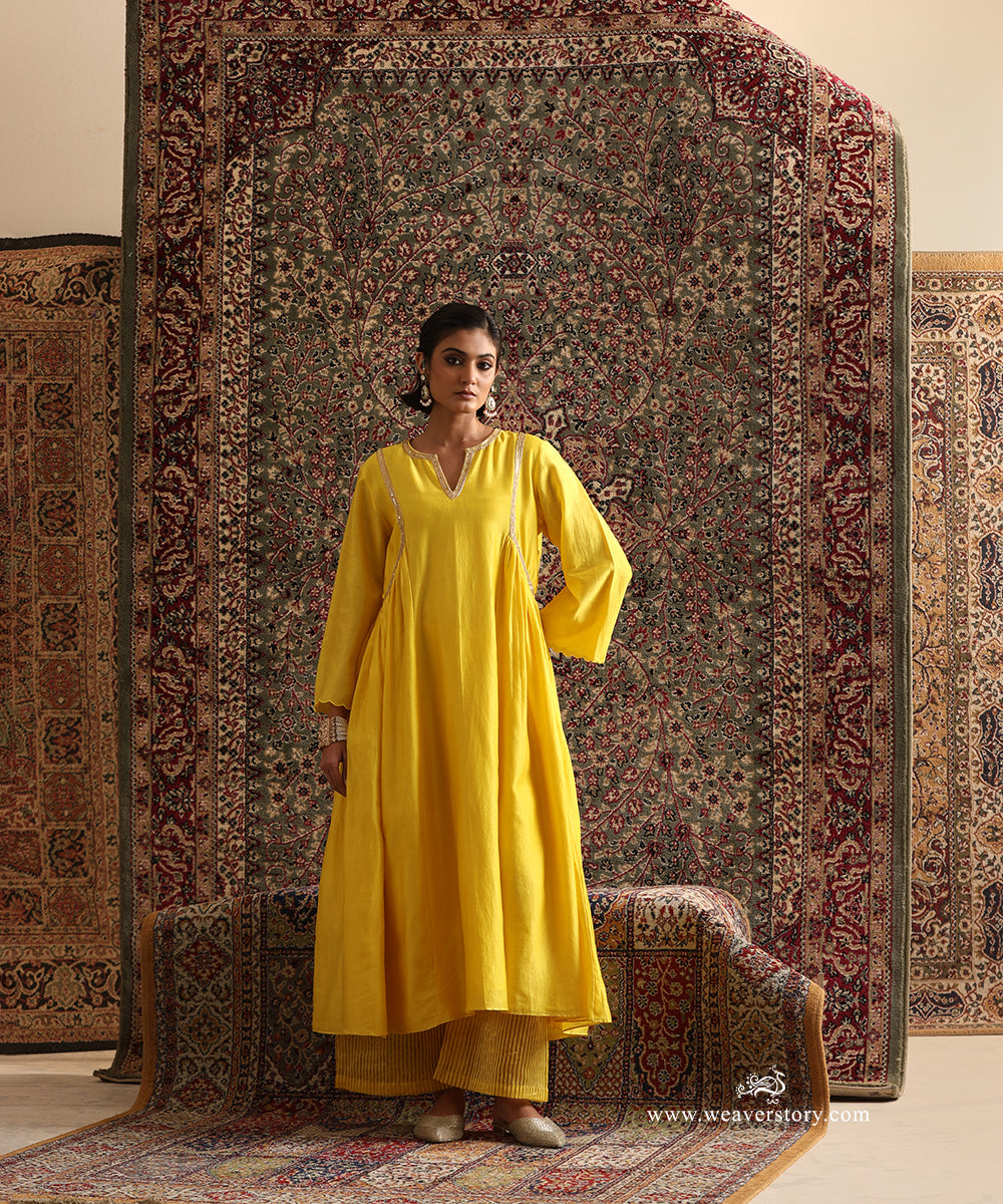 Yellow Pure Chanderi Silk Hand Embroidered Kurta Set by WeaverStory