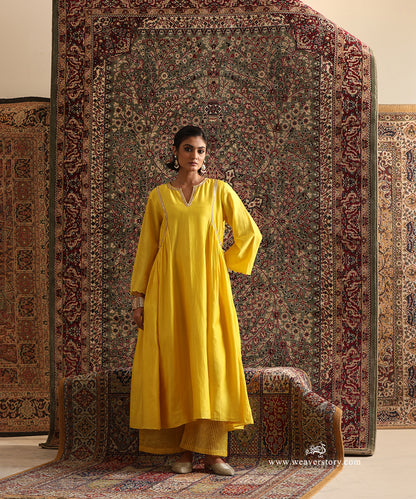 Yellow Pure Chanderi Silk Hand Embroidered Kurta Set by WeaverStory