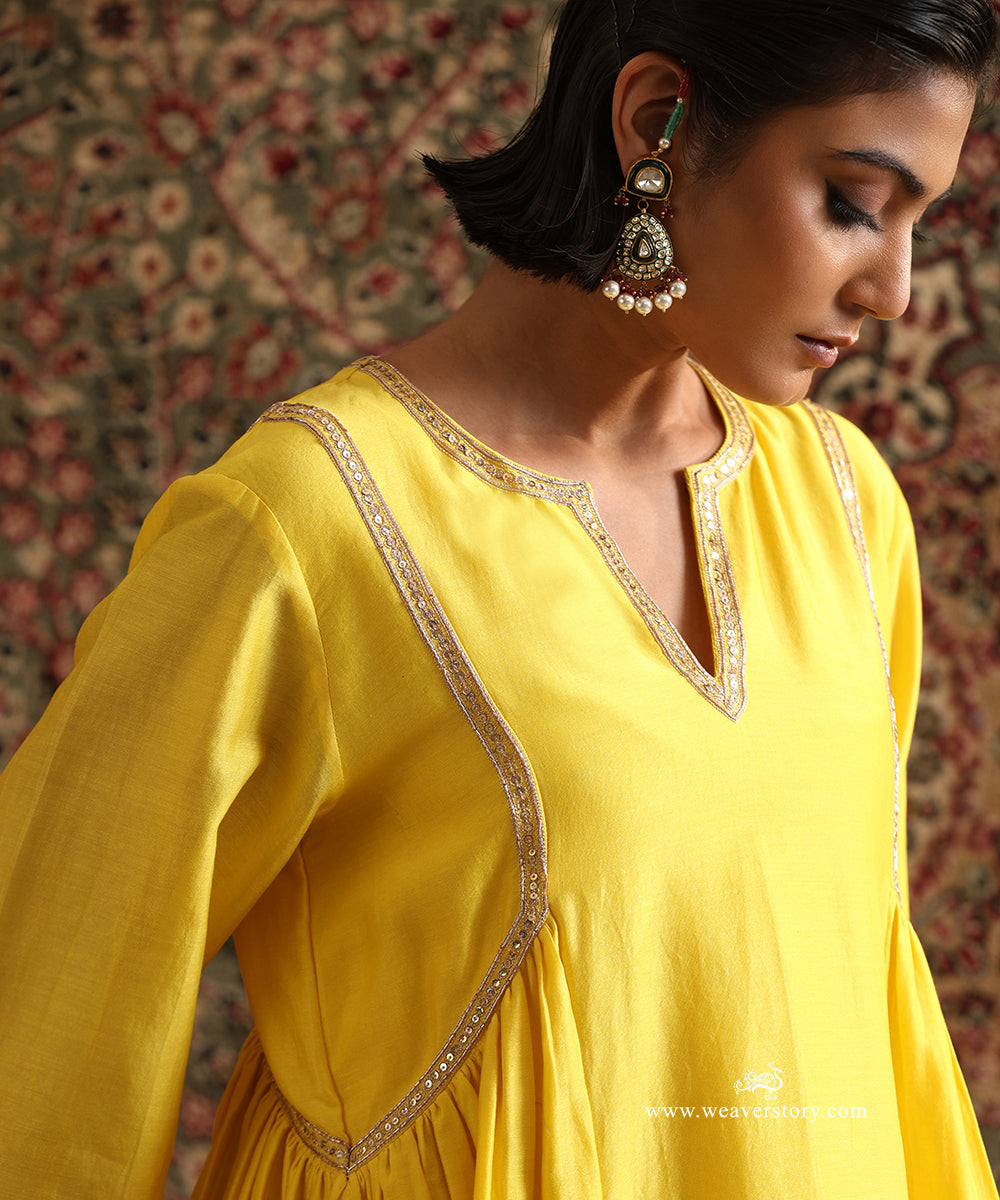 Yellow Pure Chanderi Silk Gherdaar Kurta with Side Gathers