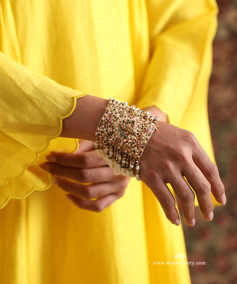 Hand Embroidered Scalloped Sleeve Detail on Yellow Chanderi Silk Kurta