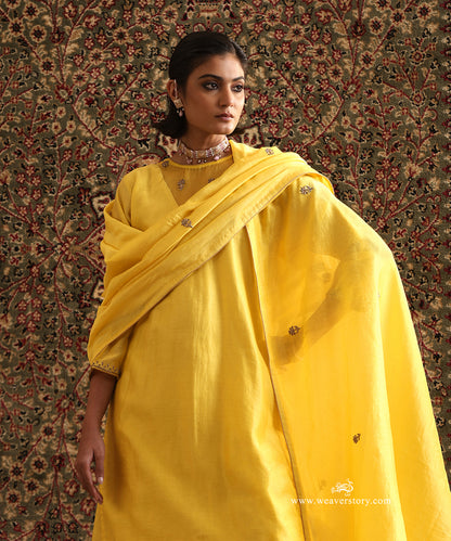 Yellow Pure Chanderi Silk Kurta and Sharara Set Styled with Hand Embroidered Dupatta
