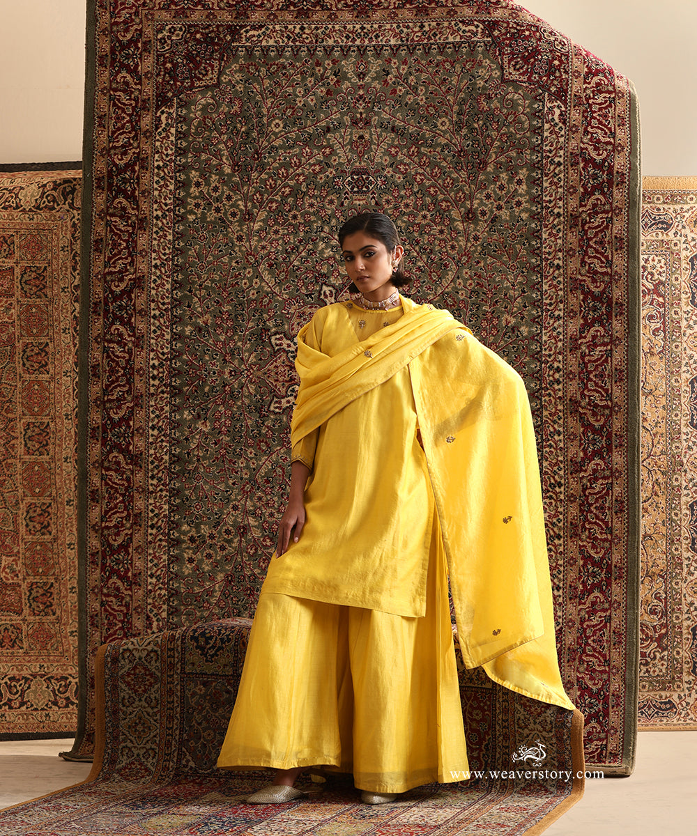 Yellow Pure Chanderi Silk Kurta and Sharara Set with Hand Embroidered Dupatta by WeaverStory