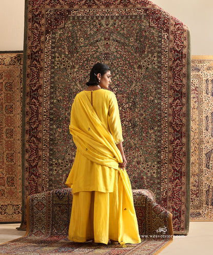 Back View of Yellow Pure Chanderi Silk Kurta and Sharara Set with Hand Embroidered Dupatta