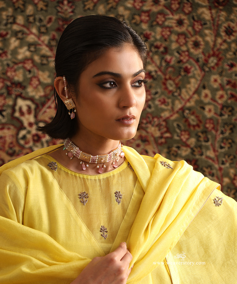Close-Up of Hand Embroidered Yellow Pure Chanderi Silk Dupatta and Kurta
