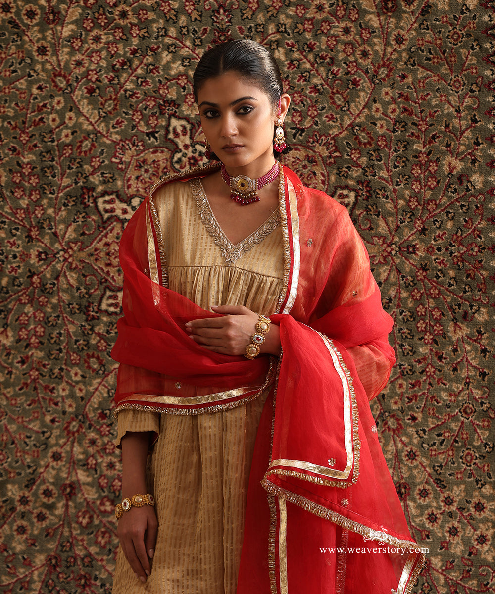 Beige Stripe Tissue Gathered Kurta With Hand Embroidered Neckline