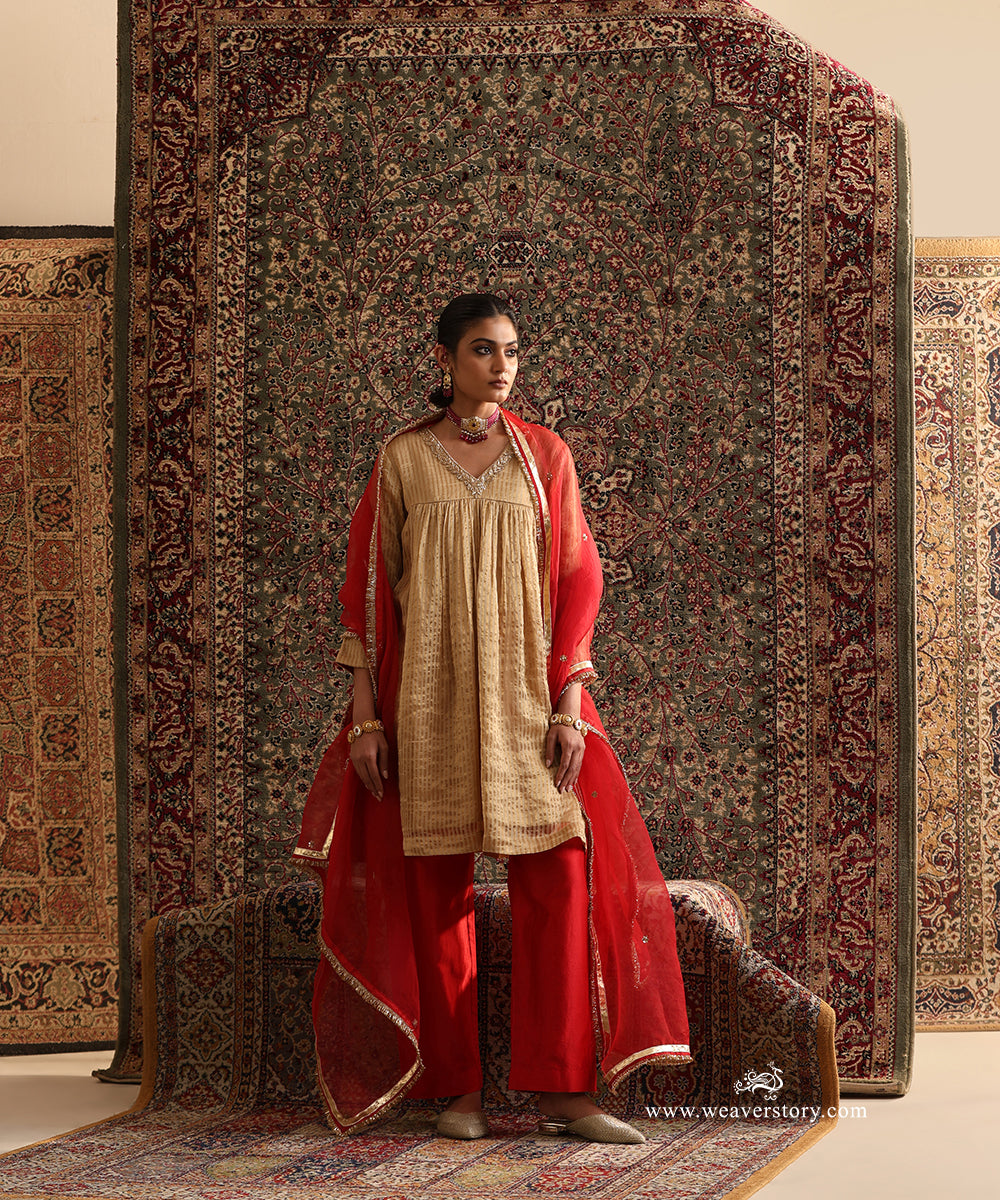 Beige Stripe Tissue Kurta Set With Red Hand Embroidered Organza Dupatta And Zari Border 
