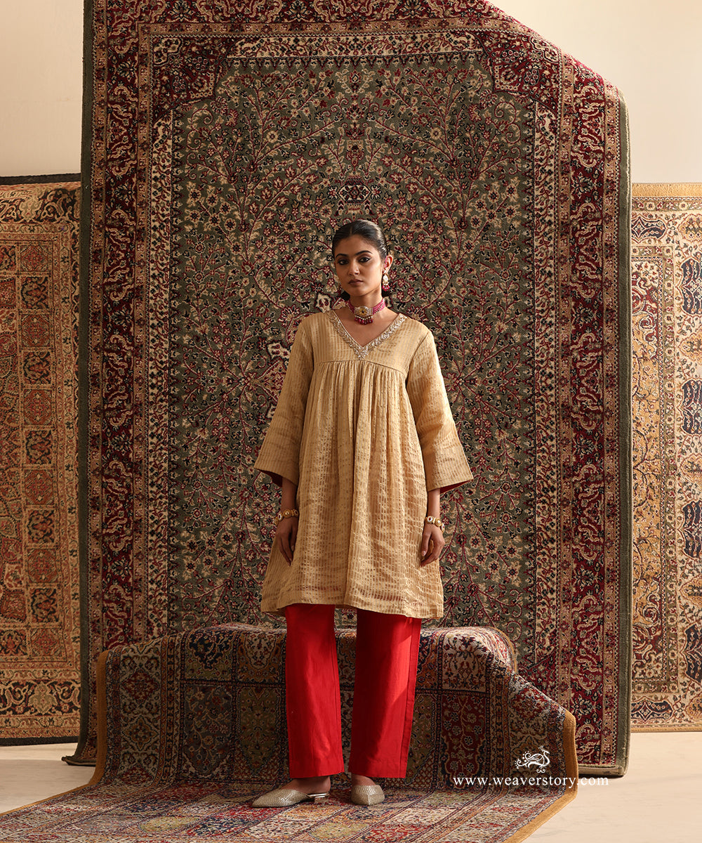Beige Stripe Tissue Gathered Kurta With Hand Embroidered Neckline
