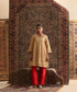 Beige Stripe Tissue Gathered Kurta With Hand Embroidered Neckline