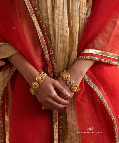 Beige_Stripe_Tissue_Gethear_Kurta_with_Neck_Embroidery_Red_Chanderi_Silk_Pant_With_Organza_dupatta_WeaverStory_07