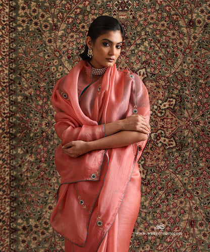 Peach_Pure_Organza_Silk_Saree_With_Addi_Line_WeaverStory_01