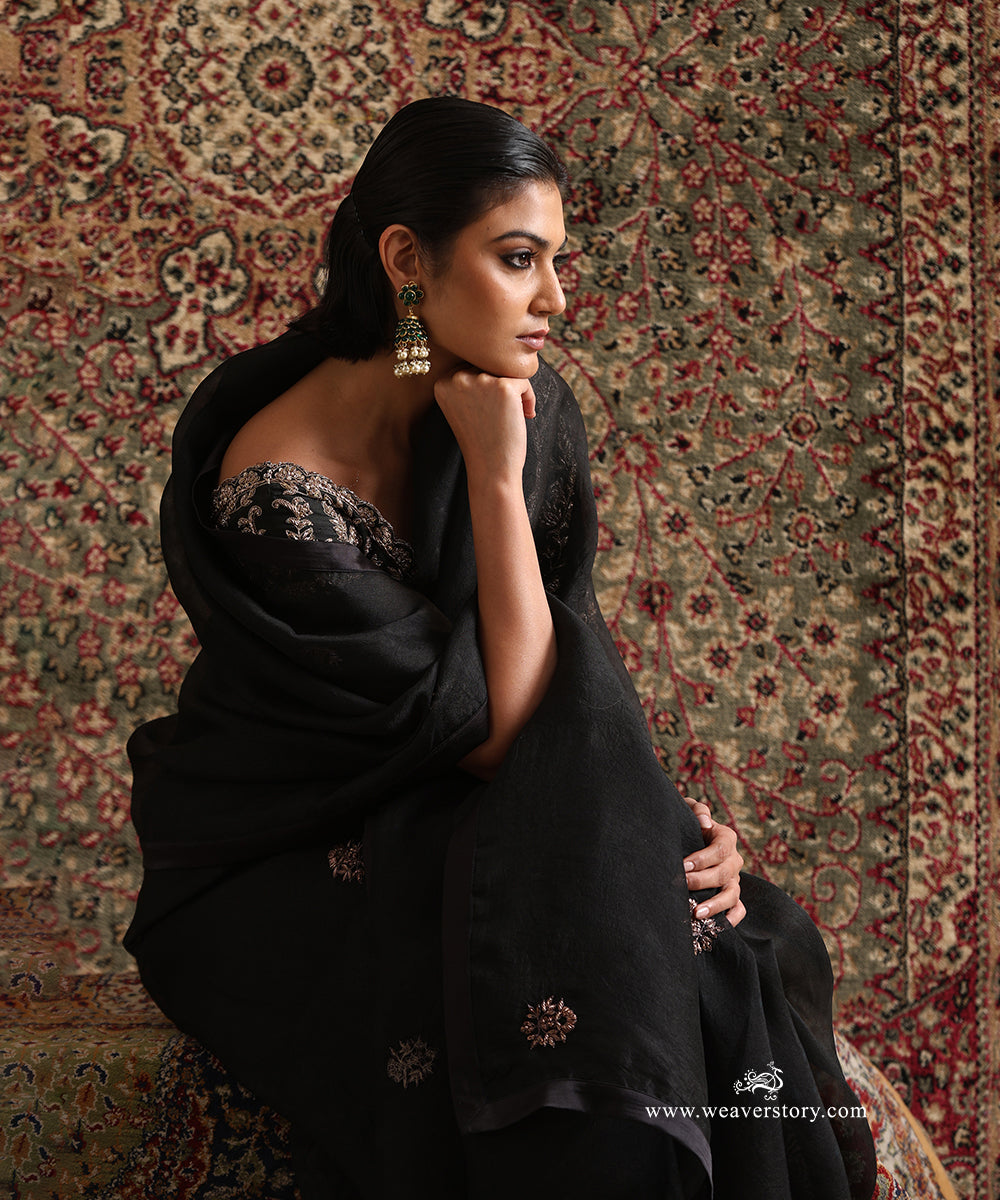 Midnight Black Pure Organza Silk Saree With Zardozi Booti from Antara by WeaverStory