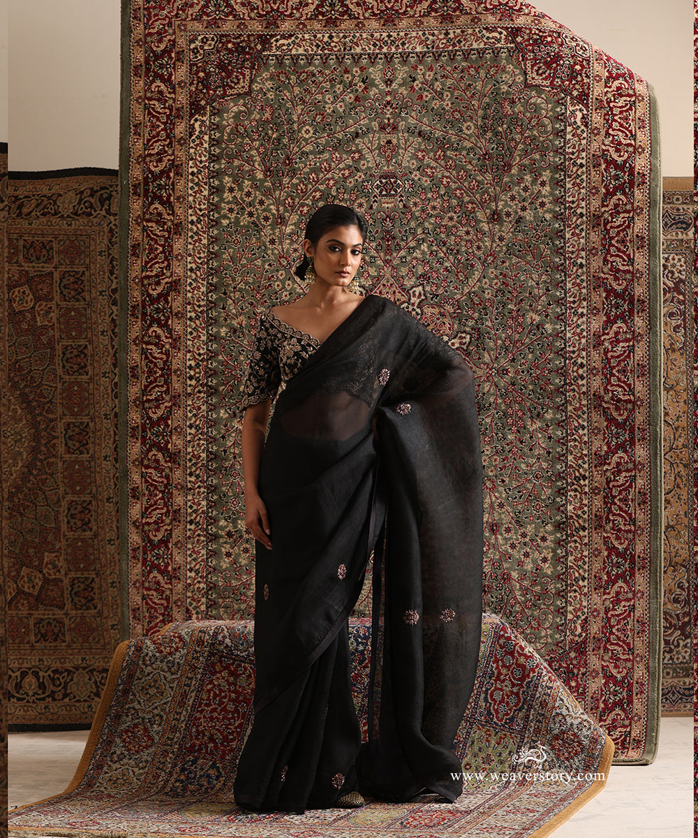 Midnight Black Pure Organza Silk Saree With Zardozi Booti from Antara by WeaverStory