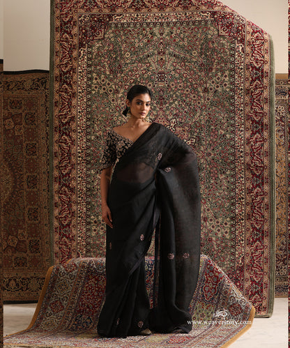 Midnight Black Pure Organza Silk Saree With Zardozi Booti from Antara by WeaverStory