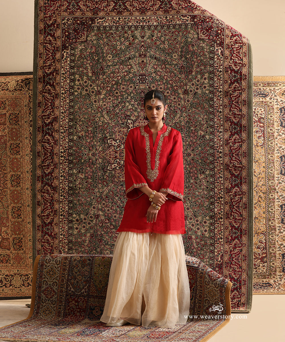 Red Pure Silk Organza Kurta with Hand Embroidered Neckline and Almond Organza Garara Set by WeaverStory