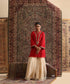 Red Pure Silk Organza Kurta with Hand Embroidered Neckline and Almond Organza Garara Set by WeaverStory