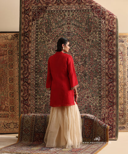 Red Organza Kurta Neck Embroidery With Badami Organza Garara
