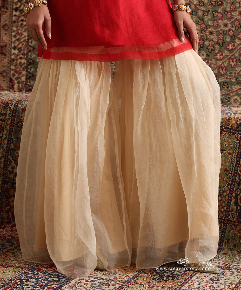 Red Organza Kurta Neck Embroidery With Badami Organza Garara